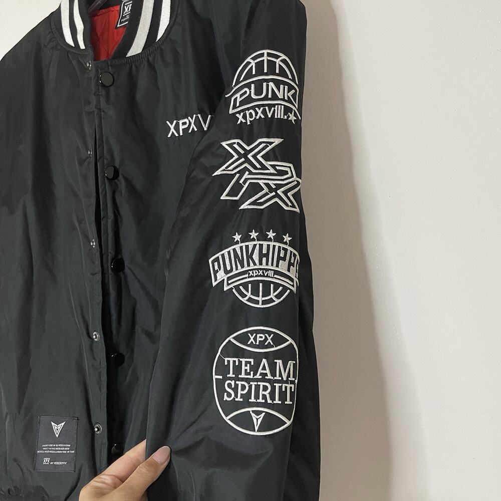 XPX Punkhippie black snap bomber varsity patchwork jacket size medium - Picture 8 of 10